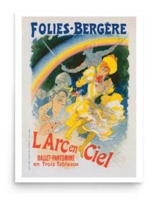 Vintage French Theatre Poster, Les Folies Bergere Print Of A Dancing Woman Under A Rainbow