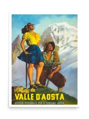 Valle d'Aosta Poster, Vintage Italian Travel Poster Winter Sports Poster, Hiking in Italy Print, Man & Woman Hiking Poster, Stampa Invernale
