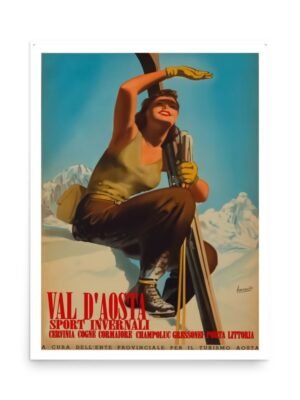 Val d'Aosta Ski Poster, Vintage Ski Italian Travel Poster, Winter Sports Poster, Skiing in Italy Print, Woman Skiing Poster, Stampa Sciare Invernale