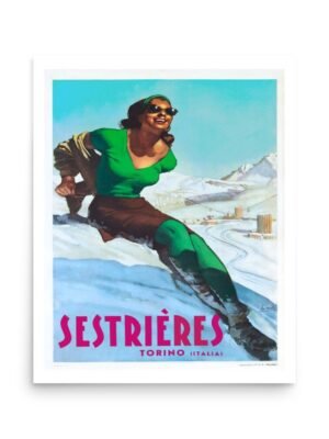Ski Poster, Sestriere, Vintage Ski Italian Travel Poster, Winter Sports Poster, Skiing in Italy Print, Woman Skiing Poster, Stampa Sciare Invernale